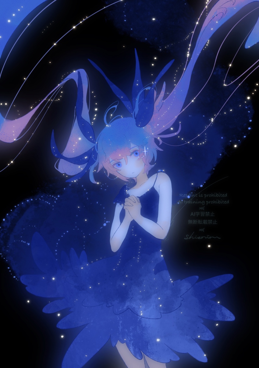 1girl absurdres asymmetrical_dress bare_arms bare_shoulders bioluminescence black_background blue_dress blue_eyes blue_hair blue_theme commentary dew_drop dress expressionless floating_hair glowing gradient_hair hatsune_miku highres multicolored_hair own_hands_together pale_skin pink_hair shieriru shinkai_shoujo_(vocaloid) solo vocaloid water_drop