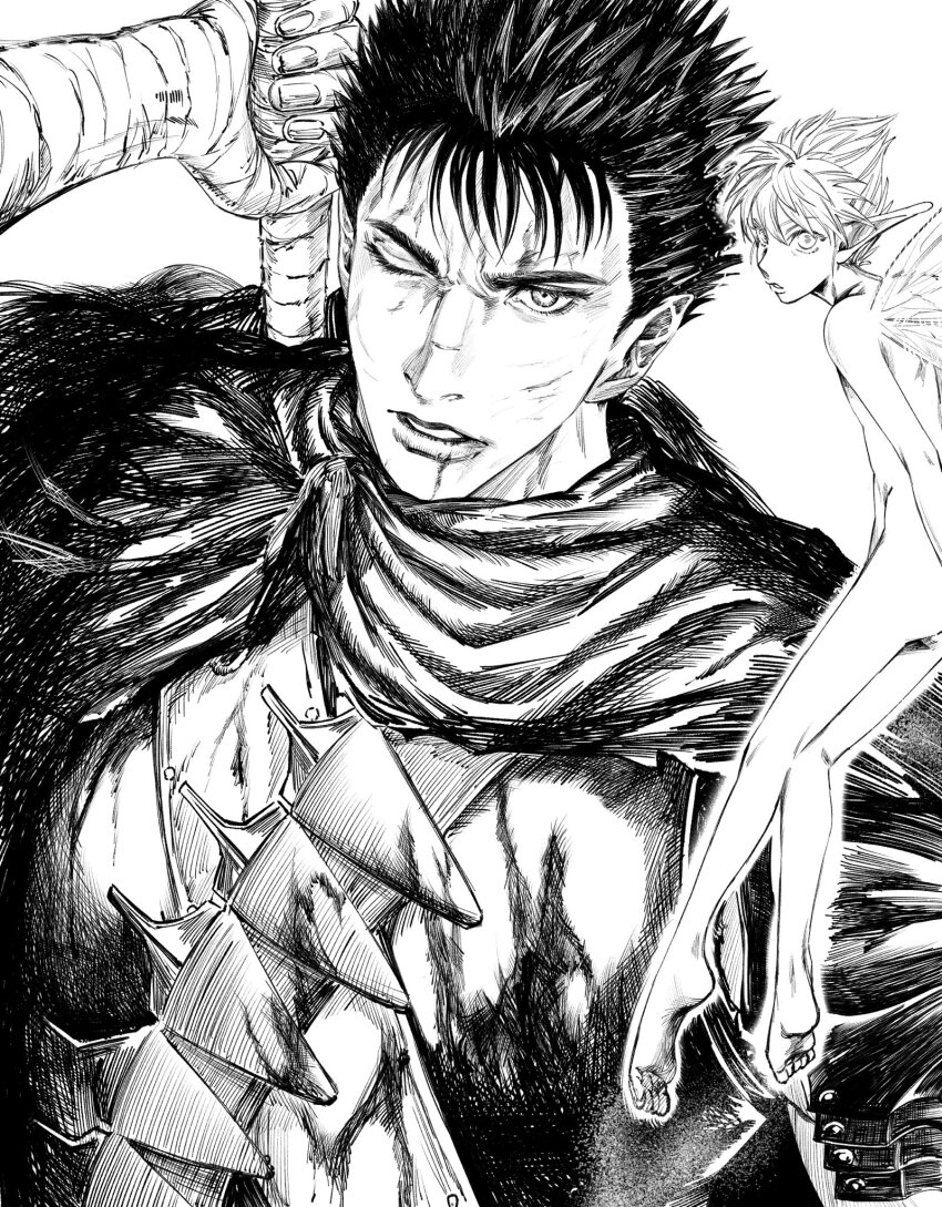 2boys armor bandaged_arm bandages berserk black_cloak black_hair cloak completely_nude fairy fairy_wings floating greyscale guts_(berserk) hand_on_hilt highres looking_at_viewer male_focus monochrome multiple_boys nude one_eye_closed open_mouth parted_lips pointy_ears puck_(berserk) short_hair shoulder_armor spiked_hair vislsn2 white_background wings