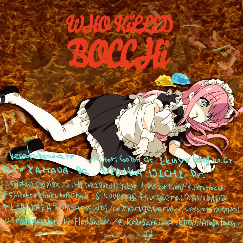 1girl album_cover album_cover_redraw alternate_costume apron black_dress black_shoes blue_eyes bocchi_the_rock! copyright_name cover derivative_work dress enmaided frilled_apron frilled_dress frills gotoh_hitori goumonsha hairband highres long_hair lying maid maid_headdress mary_janes on_side parody pink_hair puffy_short_sleeves puffy_sleeves sex_pistols shaded_face shoes short_sleeves solo thighhighs white_apron white_hairband white_thighhighs wrist_cuffs