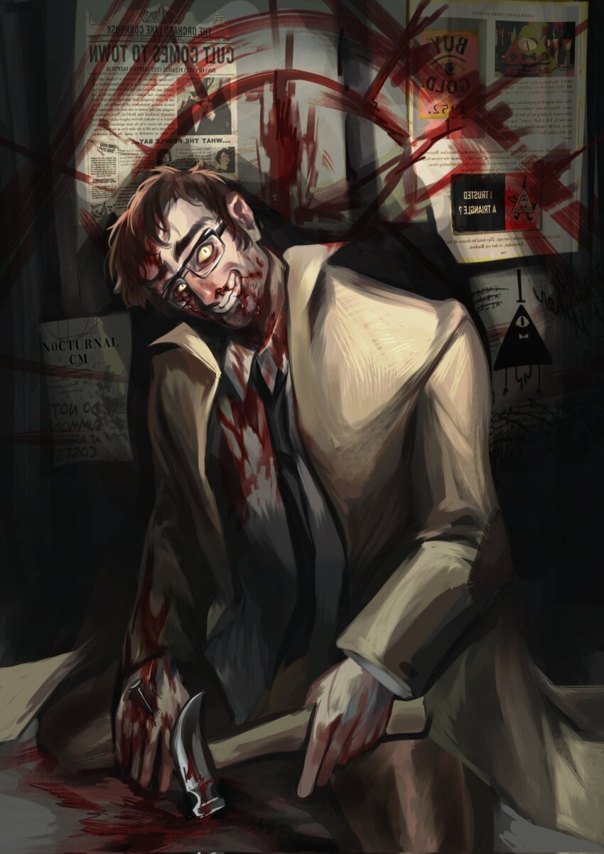 1boy bill_cipher black_necktie blood blood_on_clothes blood_on_face blood_splatter brown_coat brown_hair coat collared_shirt commentary crazy_grin dilated_pupils english_commentary full_body glasses gravity_falls hammer head_tilt highres holding holding_hammer impaled looking_at_viewer male_focus n0cturnalcm nail_(hardware) necktie newspaper open_clothes open_coat popped_collar seiza self-harm shirt sideburns sitting solo white_shirt