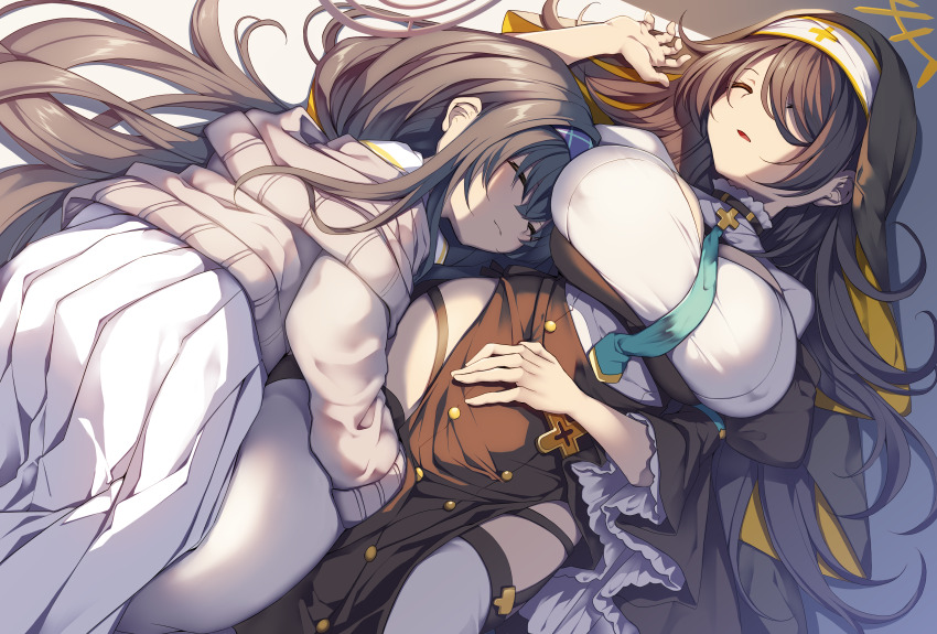 2girls absurdres aqua_necktie between_breasts black_hair blue_archive breasts brown_cardigan brown_halo cardigan closed_eyes closed_mouth commentary_request cowboy_shot creek_(moon-sky) dutch_angle frilled_sleeves frills hair_spread_out halo hand_on_own_stomach hand_up highres hinata_(blue_archive) hip_vent hug huge_breasts juliet_sleeves long_hair long_skirt long_sleeves lying multiple_girls necktie necktie_between_breasts nun on_back on_stomach open_mouth pleated_skirt puffy_sleeves school_uniform sidelighting skirt sleeping smile thighhighs ui_(blue_archive) very_long_hair white_skirt white_thighhighs wide_sleeves yellow_halo