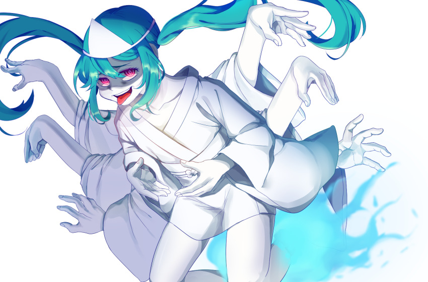 1girl aqua_hair colored_sclera colored_skin ghost grey_sclera hatsune_miku highres japanese_clothes kimono long_hair looking_at_viewer low_twintails multiple_hands obake_no_ukenerai_(vocaloid) obi open_mouth pink_eyes right-over-left_kimono sash shiroshouzoku skirt solo tentecomai tongue triangular_headpiece twintails very_long_hair vocaloid white_kimono white_skirt