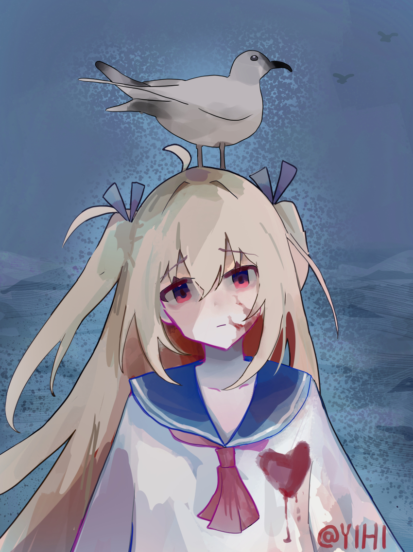 1girl absurdres ahoge animal animal_on_head atri atri-my_dear_moments- bird blonde_hair blood blood_on_clothes blood_on_face blood_stain blue_ribbon blue_sailor_collar commentary_request dress empty_eyes expressionless hair_between_eyes hair_ribbon heart highres long_hair looking_at_viewer neckerchief on_head red_eyes red_neckerchief ribbon sailor_collar sailor_dress seagull solo twitter_username two_side_up upper_body white_dress yihi