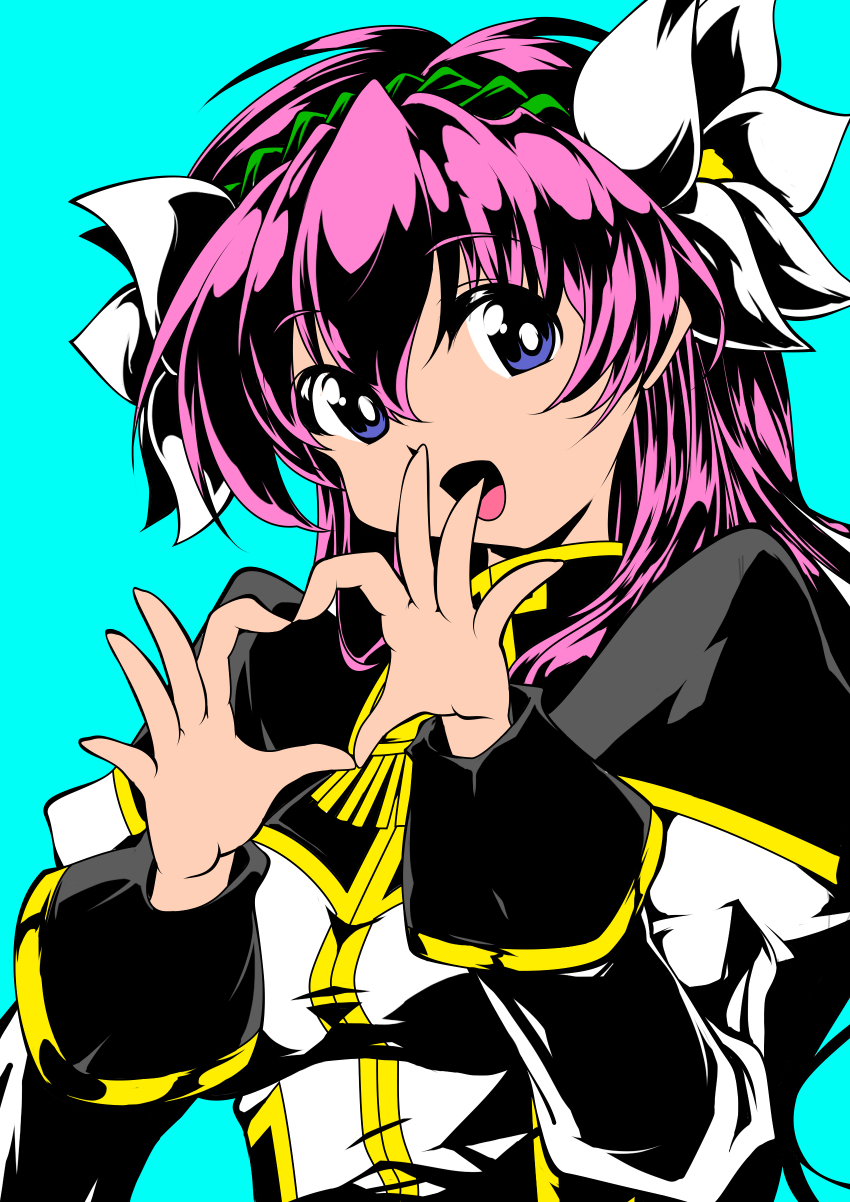 1girl :d absurdres blue_background blue_eyes flower ga_rune_pose galaxy_angel hair_flower hair_ornament hairband heart heart_hands highres long_hair long_sleeves looking_at_viewer milfeulle_sakuraba monocle open_mouth oushi pink_hair simple_background smile solo upper_body