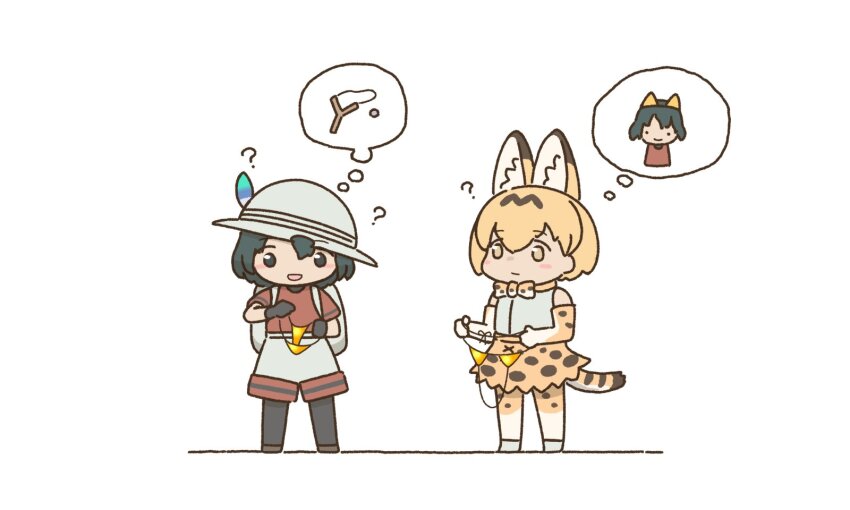 2013randk 2girls ? animal_ears animal_print bikini black_hair blonde_hair blush bow bowtie elbow_gloves extra_ears gloves gold_bikini golden_week golden_week_bikini hat hat_feather helmet high-waist_skirt highres kaban_(kemono_friends) kemono_friends multiple_girls open_mouth orange_bow orange_bowtie pith_helmet print_bow print_bowtie print_gloves print_skirt serval_(kemono_friends) shirt short_hair skirt sleeveless sleeveless_shirt slingshot_(weapon) smile speech_bubble striped_tail swimsuit tail thighhighs thought_bubble two-tone_bow two-tone_bowtie white_bow white_bowtie