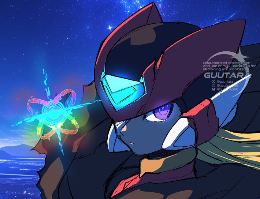 1boy blonde_hair blurry blurry_background close-up cyber_elf_(mega_man) cyber_elf_x_(mega_man) forehead_jewel guutara helmet highres long_hair mega_man_(series) mega_man_zero_(series) night outdoors purple_eyes red_helmet ringed_eyes star_(sky) x_(mega_man) zero(z)_(mega_man) zero_(mega_man)