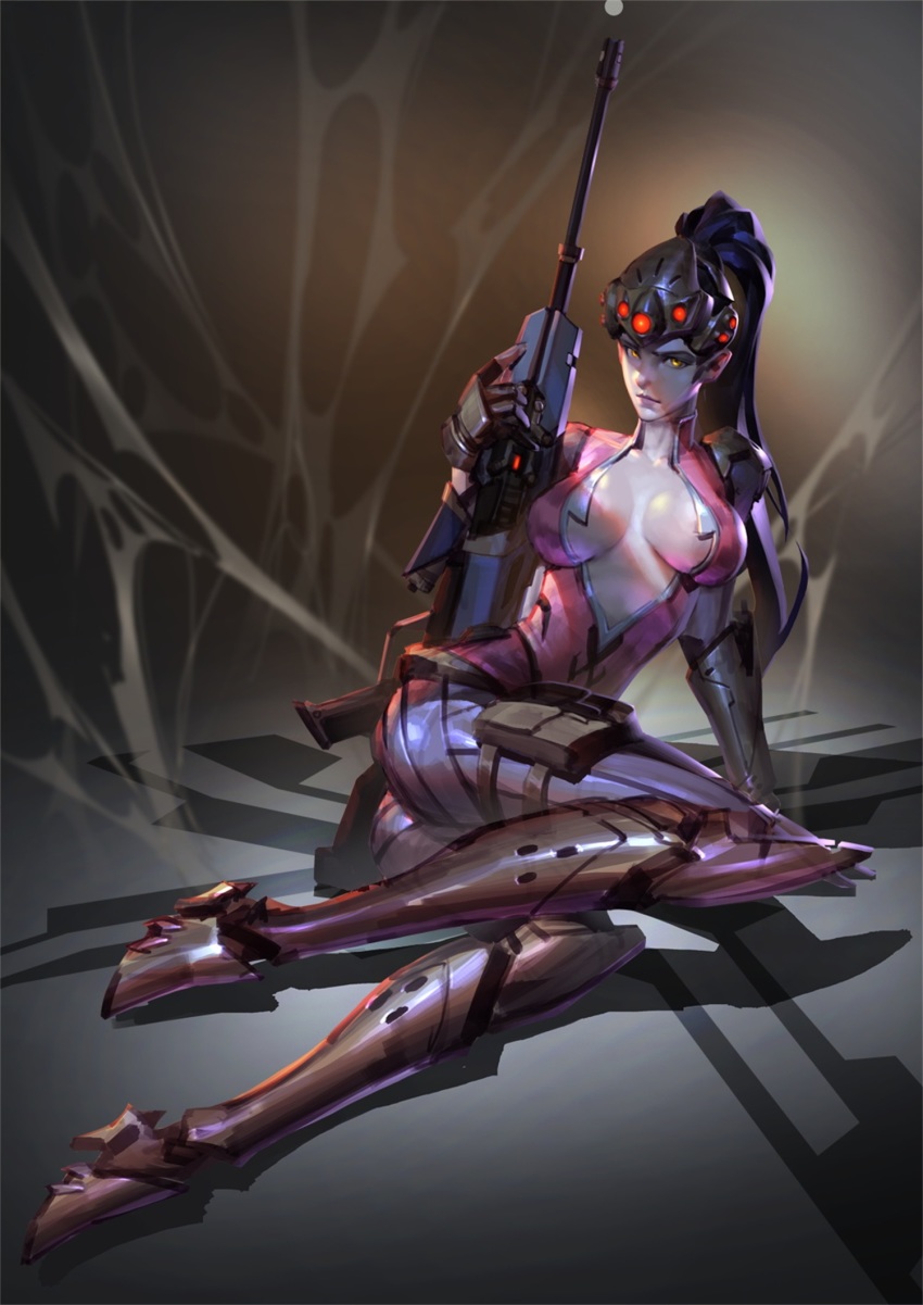 1girl armor armored_boots ass black_gloves bodysuit boots breasts breasts_apart center_opening closed_mouth collarbone colored_skin female_focus full_body gauntlets gloves greaves gun head-mounted_display high_collar high_heel_boots high_heels highres holding holding_gun holding_weapon holster knee_boots knee_pads lips long_hair looking_at_viewer makeup mascara medium_breasts nose overwatch overwatch_1 pauldrons ponytail purple_bodysuit purple_hair purple_lips purple_skin rifle scope short_sleeves shoulder_armor shoulder_pads sitting skin_tight smile sniper_rifle solo thigh_holster thigh_strap thighs turtleneck visor weapon widowmaker_(overwatch) xiao_duzi yellow_eyes