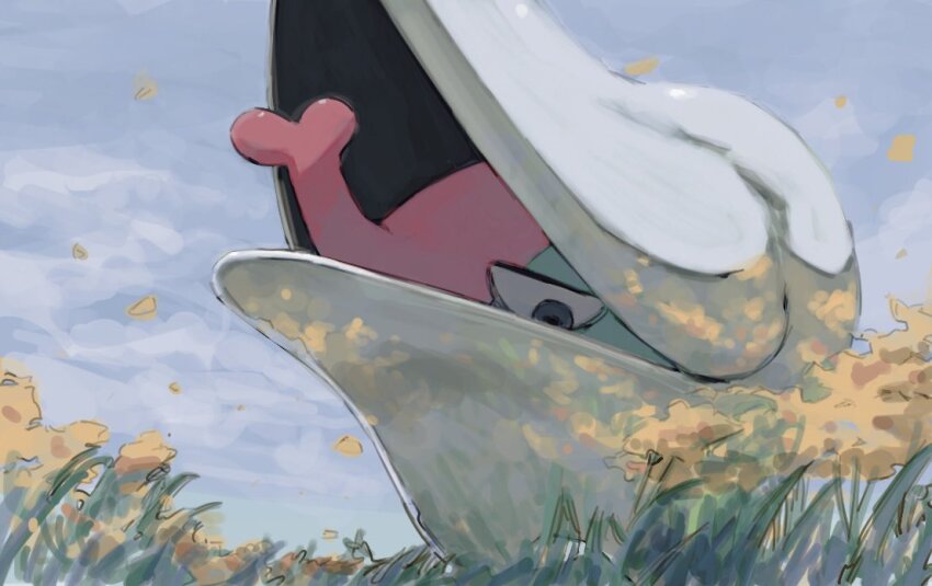armor blue_sky flower from_below gen_5_pokemon half-closed_eyes looking_at_viewer looking_down nintendo no_humans pokemon pokemon_(creature) pokemon_focus sakuraiisui shelmet sky solo yellow_flower
