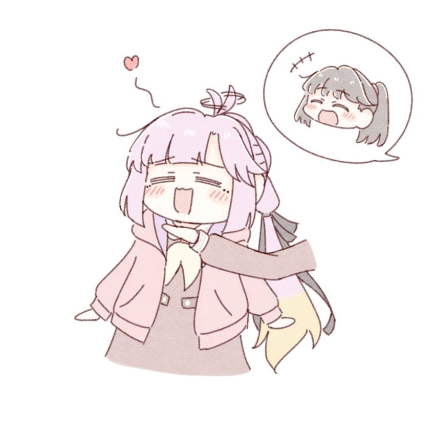 2girls :3 :d =_= ^_^ ahoge ahoge_wag amano_tatsu anyoji_hime black_ribbon blonde_hair blunt_bangs blush brown_dress brown_hair closed_eyes commentary_request deformed dress expressive_hair fujishima_megumi gradient_hair hair_ribbon hasu_no_sora_school_uniform highres hood hooded_jacket jacket link!_like!_love_live! long_hair long_sleeves love_live! multi-tied_hair multicolored_hair multiple_girls neckerchief open_clothes open_jacket open_mouth pink_hair pink_jacket ponytail ribbon sailor_collar sailor_dress school_uniform sidelocks simple_background smile spoken_character swept_bangs two_side_up very_long_hair virtual_youtuber white_background white_sailor_collar winter_uniform yellow_neckerchief