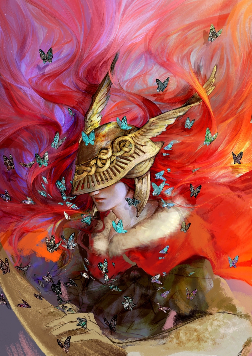 1girl absurdres blue_butterfly bug butterfly cape chinese_commentary commentary_request covered_eyes elden_ring facing_viewer floating_hair fur-trimmed_cape fur_trim helmet helmet_over_eyes highres insect long_hair malenia_blade_of_miquella painterly red_cape red_hair solo too_many too_many_butterflies upper_body winged_helmet xxx0166995