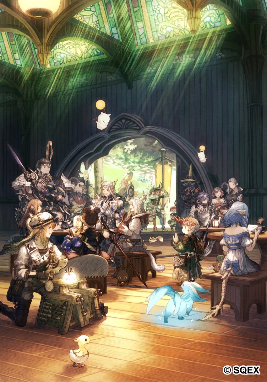 6+boys 6+girls absurdres animal_ears armor au_ra black_footwear blonde_hair blue_hair boots bow brown_hair carbuncle_(final_fantasy) cat cat_ears cat_girl cat_tail chocobo commentary_request company_name creature day dragon_girl dragon_horns dragon_tail dress dress_bow elezen elf eos_(ff14) final_fantasy final_fantasy_xiv hat hatching_(texture) highres horns hrothgar indoors lalafell light_rays maeka_(kumaekake) miqo&#039;te moogle multiple_boys multiple_girls nutkin off-shoulder_dress off_shoulder official_art on_one_knee paladin_(final_fantasy) pauldrons pointy_ears roegadyn saw short_hair shoulder_armor sitting smile stained_glass standing summoner_(final_fantasy) table tail thigh_boots viera warrior_of_light_(ff14) white_dress white_hair white_hat wide_shot wooden_floor