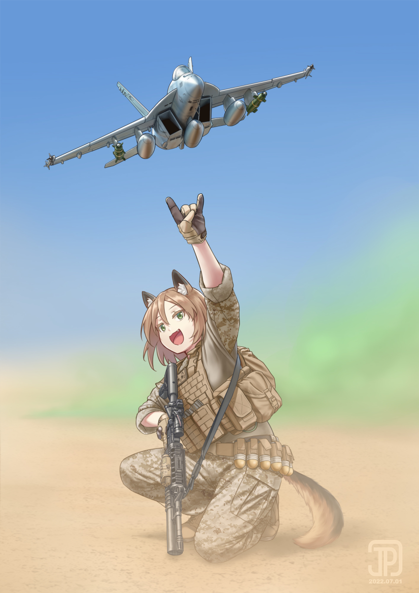 1girl :d aircraft airplane animal_ears artist_name brown_eyes bulletproof_vest camouflage camouflage_pants commentary dated dust f/a-18e_super_hornet fang fighter_jet gloves green_eyes grenade_launcher gun highres holding holding_gun holding_weapon jpc load_bearing_equipment load_bearing_vest long_sleeves m203 military military_combat_uniform military_uniform military_vehicle open_mouth original pants pointing sleeves_rolled_up smile soldier solo squatting tactical_clothes tail underbarrel_grenade_launcher united_states_marine_corps watermark weapon