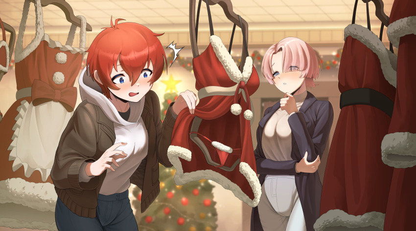 2girls absurdres arimura_mao black_coat blue_eyes blush breasts brown_coat christmas_tree clothes_hanger coat commentary_request cowboy_shot denim fur-trimmed_panties fur_trim gakuen_idolmaster hair_between_eyes hair_over_one_eye highres hood hoodie idolmaster idolmaster_million_live! idolmaster_million_live!_theater_days indoors jeans jonero99 julia_(idolmaster) large_breasts lingerie multiple_girls open_mouth panties pants parted_lips pink_hair red_hair santa_costume santa_panties short_hair underwear unworn_clothes white_hoodie