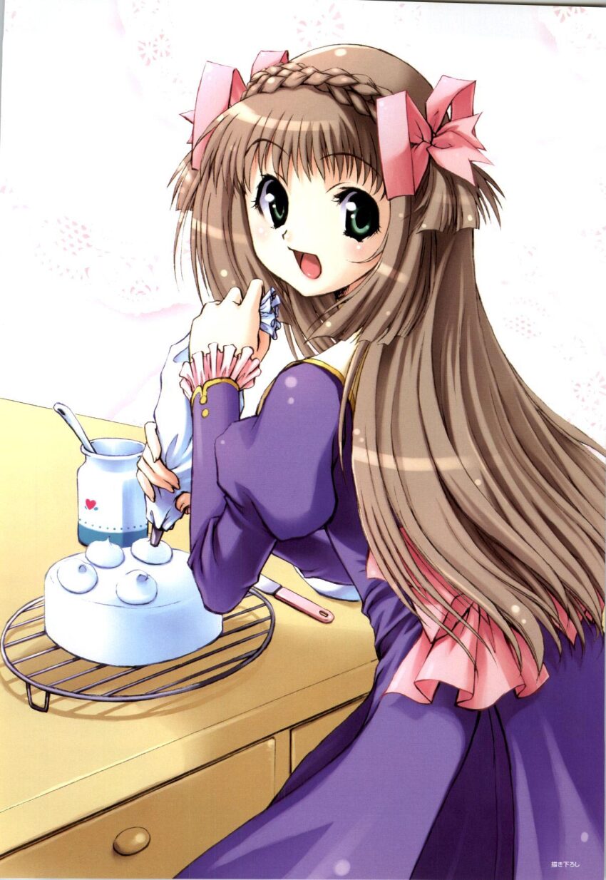 1girl :d bistro_cupid bistro_cupid_(series) bistro_cupid_2 bow braid brown_hair cake celery_periwinkle crown_braid dress food frills green_eyes hair_bow highres light_brown_hair long_hair looking_at_viewer looking_back official_art open_mouth pandaki_(aki) pink_bow purple_dress ribbon scan simple_background smile solo two_side_up