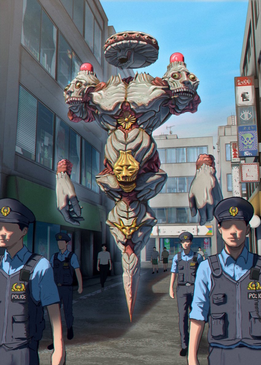 6+boys black_headwear black_vest blue_shirt building chromatic_aberration city commentary disembodied_hand disembodied_head extra_eyes faceless faceless_male floating hat highres japan_national_police kiginobiru_(hayapi) monster multiple_boys multiple_heads original outdoors police police_hat police_uniform road shirt skull standing street strobe_lights teeth vest walking