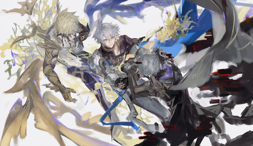 3boys absurdres alternate_form antenna_hair armor asymmetrical_wings black_choker black_cloak black_shirt black_wings blonde_hair blue_cape blue_eyes cape choker cloak coat cracked_skin dichlorvos flame_reaver_of_the_deepest_dark hair_between_eyes halo halo_behind_head hashtag-only_commentary highres holding holding_sword holding_weapon honkai:_star_rail honkai_(series) hood hood_down hooded_cloak male_focus material_growth multiple_boys parted_bangs pauldrons phainon_(honkai:_star_rail) shirt short_hair shoulder_armor simple_background single_pauldron stab sword torn_clothes torn_shirt weapon white_background white_coat white_hair wings yellow_blood yellow_wings