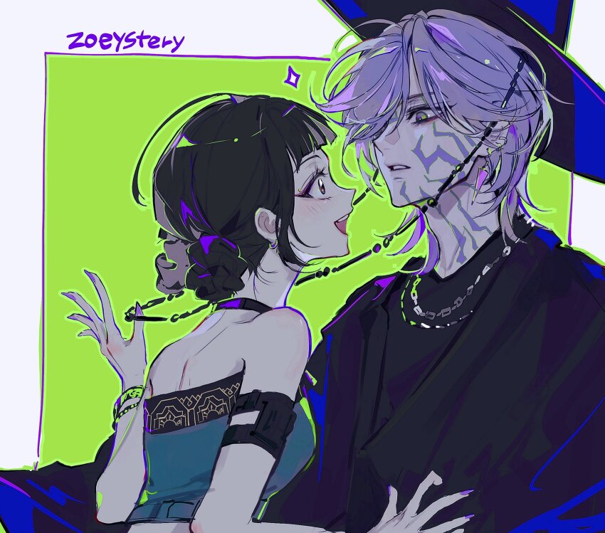 1boy 1girl :d aqua_shirt bare_shoulders black_hair black_hanbok black_hat black_shirt blunt_bangs body_markings border bracelet braid braided_bun brown_eyes chain chain_necklace crop_top double_bun ear_piercing earrings evl_1230 eyelashes eyeshadow facial_mark fingernails gat_(hat) gatkkeun green_background grey_eyes grey_hair hair_bun hanbok hand_up hashtag-only_commentary hat highres jewelry korean_clothes korean_traditional_hat kpop_demon_hunters looking_at_another makeup mystery_(kpop_demon_hunter) nail_polish necklace open_mouth outside_border parted_lips piercing purple_nails shirt sidelocks smile teeth upper_body upper_teeth_only white_border zoey_(kpop_demon_hunters)