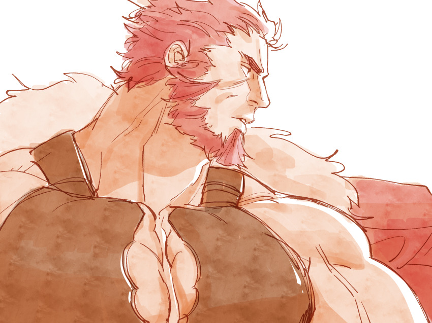 1boy adam&#039;s_apple bara beard cape facial_hair fate/zero fate_(series) full_beard halorane highres iskandar_(fate) large_pectorals looking_to_the_side male_focus mature_eyes mature_male muscular muscular_male muted_color pectoral_cleavage pectorals profile red_cape red_eyes red_facial_hair red_hair sanpaku serious short_hair solo thick_beard thick_eyebrows thick_neck veins veiny_arms