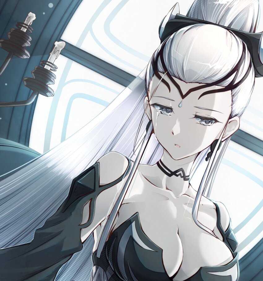 1girl black_choker black_dress black_tiara blue_eyes breasts candle candlestand choker clear_glass_(mildmild1311) cleavage collarbone crying dress earrings eir_(fire_emblem) fire_emblem fire_emblem_heroes highres jewelry large_breasts long_hair long_sleeves loose_hair_strand mole nintendo open_mouth ponytail sidelocks streaming_tears tears tiara white_dress white_hair window