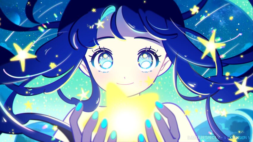 1girl aqua_nails blue_background blue_eyes blue_hair blue_theme check_copyright chueog closed_mouth colored_inner_hair commentary copyright_request dot_nose english_commentary eyelashes floating_hair happy highres holding holding_star light_blush light_particles long_hair multicolored_hair nail_polish original smile solo sparkling_eyes star_(symbol) tareme two-tone_hair upper_body very_long_hair watermark