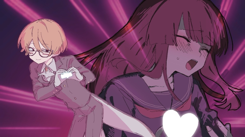 1boy 1girl aged_up arthropod_girl ascot blush brown_hair bucchigiri?! closed_eyes coat coattails commentary_request glasses heart heart_hands hetero highres insect_girl komiroku long_hair love_je_t&#039;aime orange_hair purple_background randal&#039;s_friends randal_ivory school_uniform serafuku short_hair spider_girl