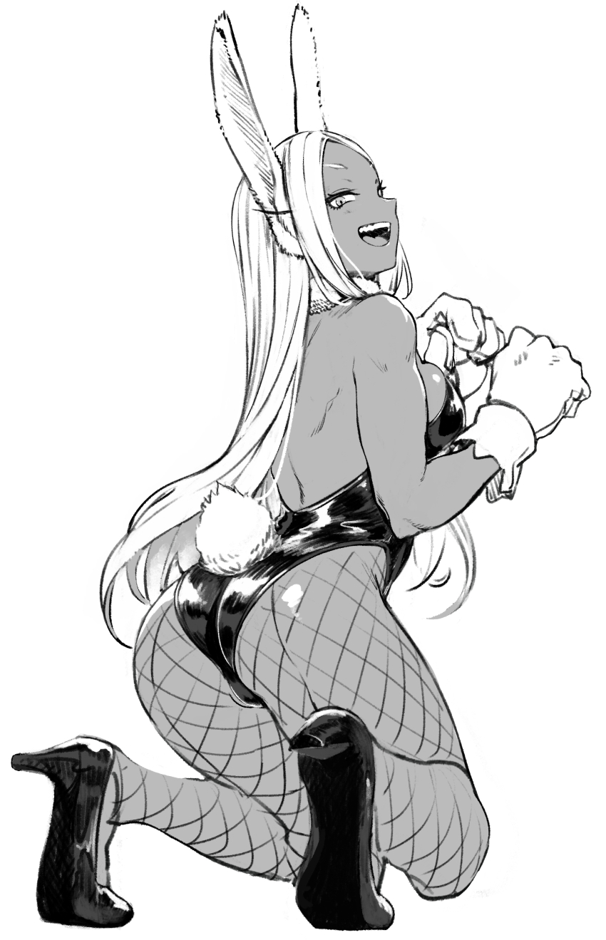 1girl animal_ears ass back backless_leotard bare_shoulders black_footwear black_leotard boku_no_hero_academia breasts clothing_cutout dark-skinned_female dark_skin female_focus fishnet_pantyhose fishnets from_behind fur_collar gloves greyscale high_heels highleg highleg_leotard highres kneeling large_breasts leotard long_eyelashes long_hair looking_at_viewer mirko monochrome open_mouth pantyhose parted_bangs playboy_bunny prime_(prime_tw) rabbit_ears rabbit_girl rabbit_tail smile solo strapless strapless_leotard tail tail_through_clothes teeth thighs tiptoes toned upper_teeth_only white_gloves white_hair