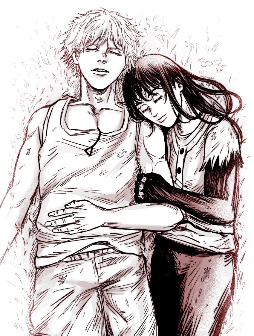 1boy 1girl arm_hug chainsaw_man commentary denji_(chainsaw_man) grass greyscale highres lips long_hair lying mitaka_asa monochrome on_back pants pectoral_cleavage pectorals pull_cord sharp_teeth shorts sleeping tank_top teeth torn_clothes torn_sleeves wischkaa
