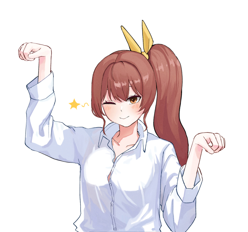1girl a5235 brown_hair closed_mouth collarbone collared_shirt highres ponytail shirt smile upper_body victory_(waktaverse) virtual_youtuber waktaverse white_shirt yellow_eyes
