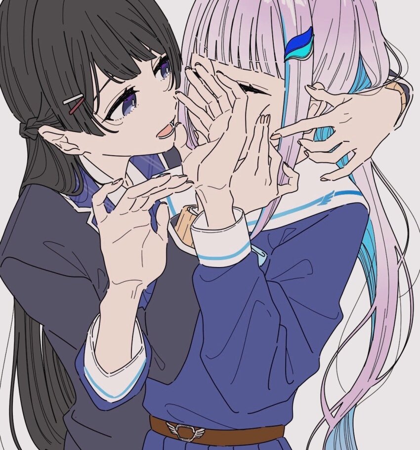 2girls arm_around_neck belt black_hair black_jacket blue_hair blue_shirt closed_eyes colored_inner_hair grey_background hands_up highres jacket kamatama_rom lize_helesta long_hair multicolored_hair multiple_girls nijisanji open_mouth pink_hair purple_eyes sailor_collar shirt simple_background smile tsukino_mito virtual_youtuber white_sailor_collar white_shirt yuri