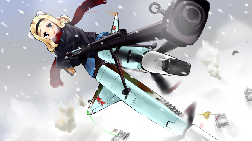 10s 1girl aleksandra_i._pokryshkin animal_ears anti-materiel_rifle bipod black_pantyhose blonde_hair blue_eyes blue_skirt bolt_action brave_witches coat female_focus foreshortening full_body gun hairband highres military military_vehicle miniskirt mizuki_(mizuki_ame) motion_blur motor_vehicle open_mouth panties panties_under_pantyhose pantyhose pantyshot pleated_skirt ptrs-41 rifle skirt sniper_rifle snow solo strike_witches striker_unit t-34 tank underwear upskirt vehicle weapon world_witches_series