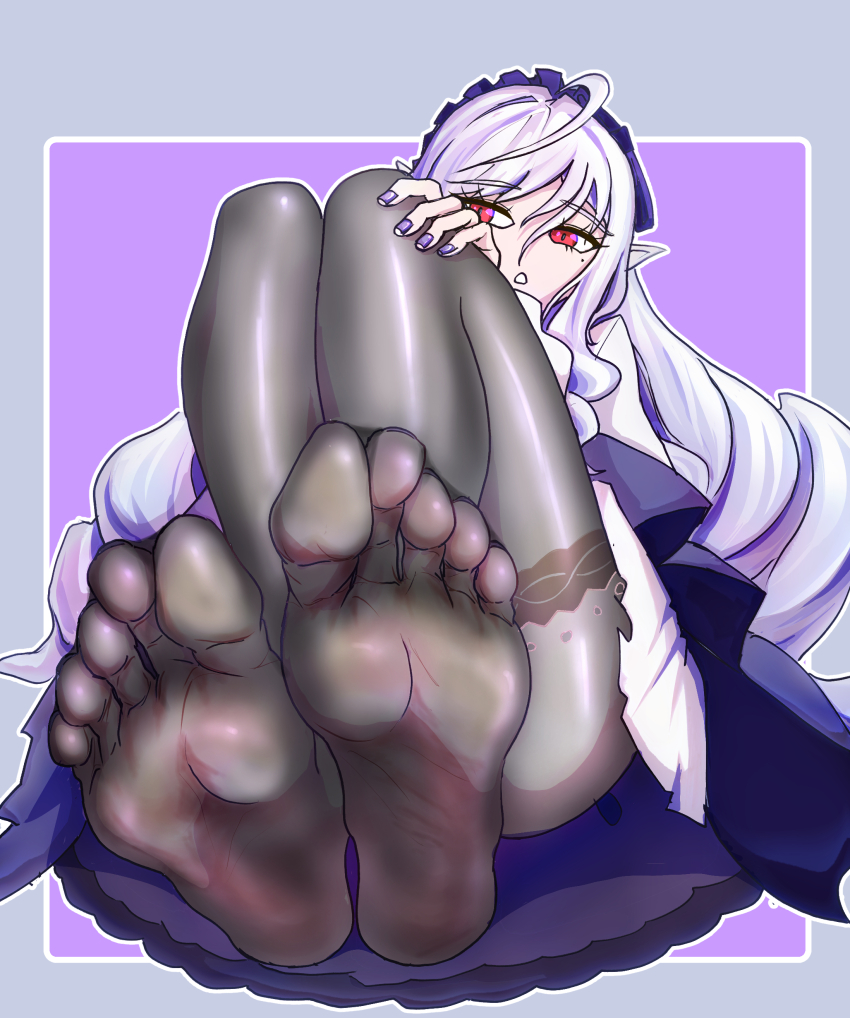 1girl feet hand_on_own_knee highres lei_abu long_hair pantyhose parted_lips pointy_ears red_eyes soles toes vivian_(zenless_zone_zero) zenless_zone_zero