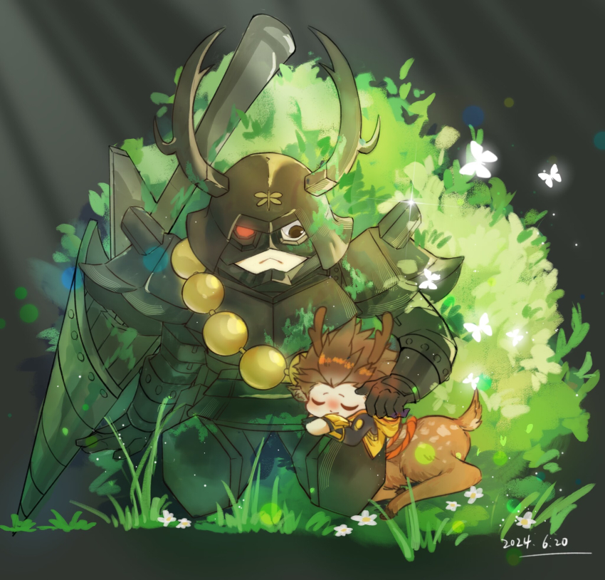 2boys :&lt; animal_ears antlers brown_eyes brown_hair centauroid chibi chibi_only closed_eyes dated deer deer_antlers deer_ears deer_tail highres honda_tadakatsu_(sengoku_basara) horns looking_at_another male_focus multiple_boys sengoku_basara sitting smile tail taur tokugawa_ieyasu_(sengoku_basara) yuanhuahuo11