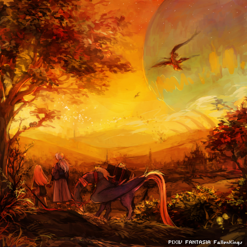 2girls akaneko_(redakanekocat) blonde_hair cat creature dragon_horns grey_hair highres holding_hands horns landscape long_hair multiple_girls outdoors pixiv_fantasia pixiv_fantasia_fallen_kings ponytail sunset tree