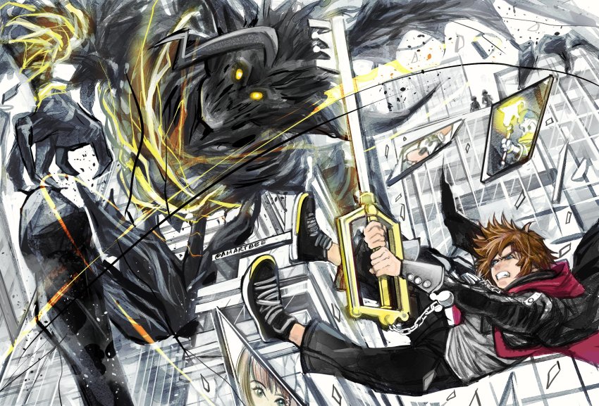 amartbee battle blue_eyes brown_hair claws clenched_teeth donald_duck glass_shards glowing glowing_eyes goofy heartless highres hood hoodie jacket keyblade kingdom_hearts kingdom_hearts_iv kingdom_key midair monster red_hoodie shoes sneakers sora_(kingdom_hearts) spiked_hair strelitzia_(kingdom_hearts) teeth wings