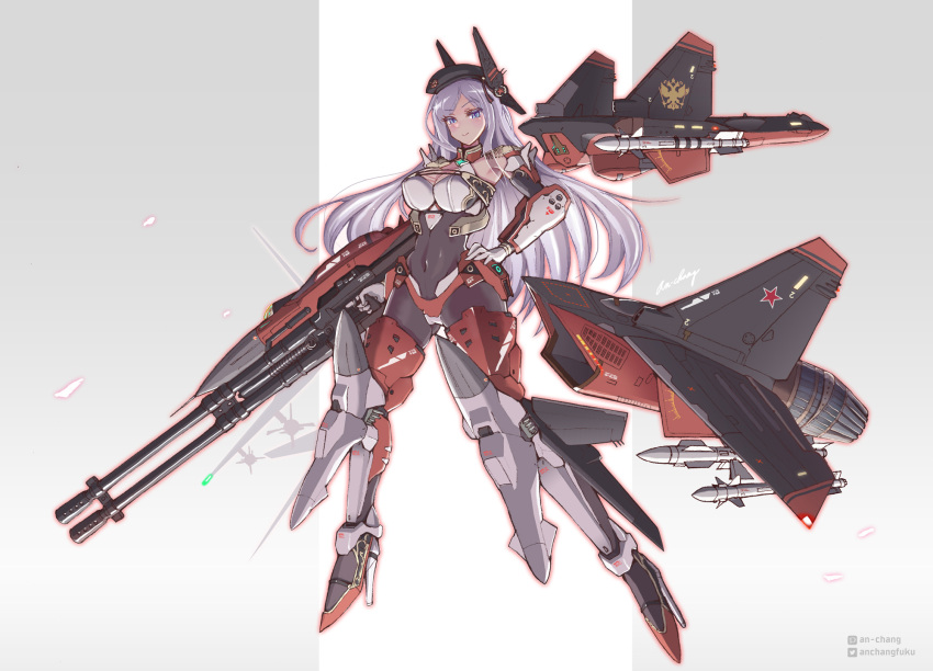 1girl aircraft airplane an-chang armor bodysuit breasts cleavage clothing_cutout covered_navel fighter_jet full_body gloves grey_hair gun hand_on_own_hip hat helicopter high_heels highres holding holding_weapon large_breasts long_hair looking_at_viewer machine_gun mecha_musume mechanical_wings military military_vehicle missile missile_pod original personification purple_eyes roundel solo thrusters very_long_hair weapon wings