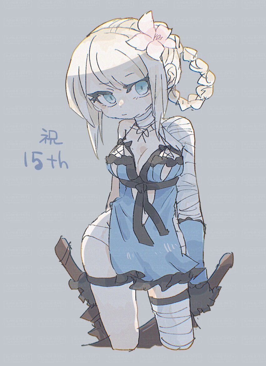 1girl anniversary bandaged_arm bandaged_leg bandages black_gloves blonde_hair blue_eyes braid braided_hair_rings flower gloves grey_background hair_flower hair_ornament hair_rings highres holding holding_sword holding_weapon kaine_(nier) lingerie lunar_tear nier nier_(series) panties partynight0121 simple_background solo sword underwear weapon white_panties