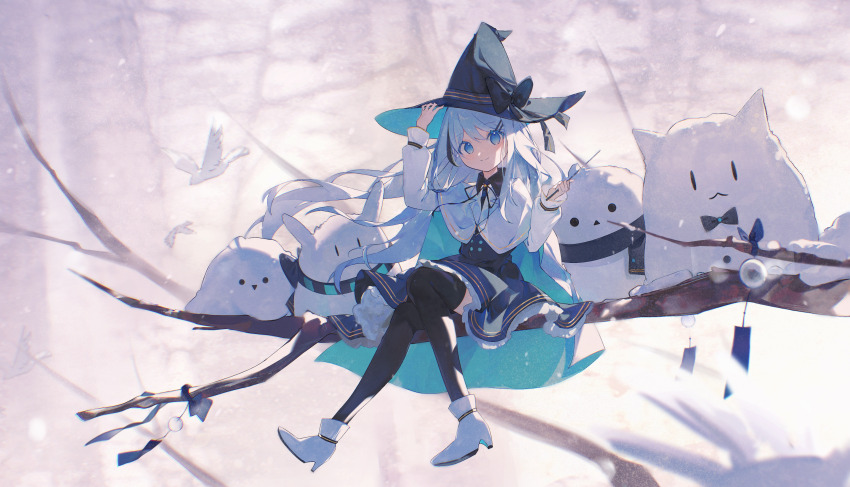 1girl absurdres amano_(amn_amn) bird black_bow black_ribbon black_thighhighs blue_eyes blue_skirt boots bow branch cape cat closed_mouth collar commentary dove english_commentary frilled_skirt frills hair_ornament hair_ribbon hairclip hat hat_bow hat_ribbon highres holding holding_wand in_tree long_hair long_sleeves looking_at_viewer mixed-language_commentary neck_ribbon original outdoors ribbon scarf shoes sitting sitting_in_tree skirt smile snow snowman thighhighs tree wand white_bird white_boots white_cape white_hair wide_shot winter witch_hat
