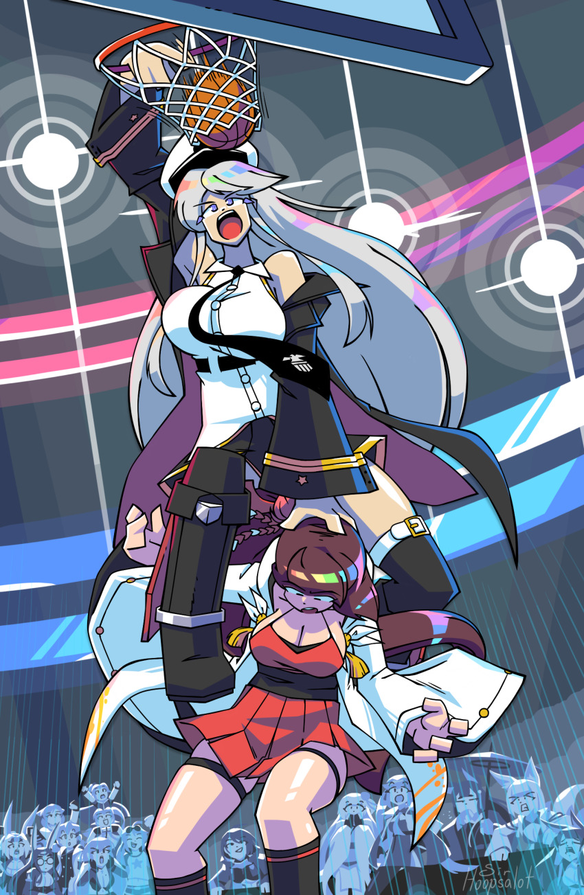 akagi_(azur_lane) amagi_(azur_lane) artist_name azur_lane background_characters ball baltimore_(azur_lane) basketball basketball_(object) boots bouncing_breasts breasts brown_hair buckle cleavage cleveland_(azur_lane) columbia_(azur_lane) denver_(azur_lane) eagle_union_(emblem) enterprise_(azur_lane) glasses hat highres hiryuu_(azur_lane) jacket kaga_(azur_lane) large_breasts leggings meme multiple_girls necktie open_mouth parasol ponytail purple_eyes shoukaku_(azur_lane) sirhoopsalot souryuu_(azur_lane) spotlight standing_on_person star star_(symbol) umbrella washington_(azur_lane) white_hair zuikaku_(azur_lane)