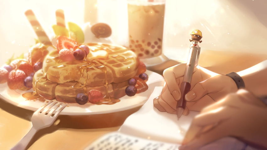 1girl artist_request berry blueberry bubble_tea check_artist ein_lee food fork fruit game_cg highres holding holding_pen non-web_source out_of_frame pancake pancake_stack pen solo strawberry syrup tevi tevi_(character) writing