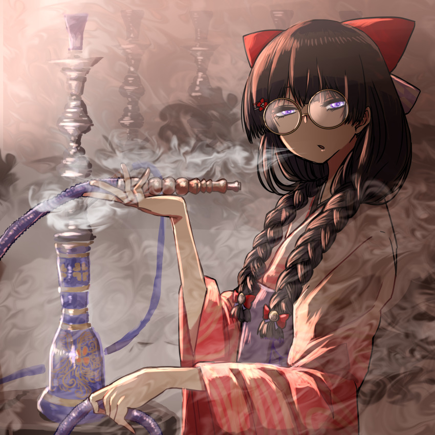 1girl black_hair blowing_smoke blue_hakama bong bow braid commentary_request floral_print flower_hairband glasses gradient_clothes gradient_kimono hair_ornament hair_over_shoulder hair_ribbon hairclip hakama hakama_skirt highres holding holding_smoking_pipe hookah japanese_clothes kanzashi kimono low_twintails nijisanji orange-framed_eyewear parted_lips print_kimono purple_eyes purple_hakama red_bow red_kimono ribbon round_eyewear skirt smoke smoke_trail smoking smoking_pipe solo tsukino_mito tsukino_mito_(taishou_roman) tsuukon_(tukonn) twintails upper_body virtual_youtuber