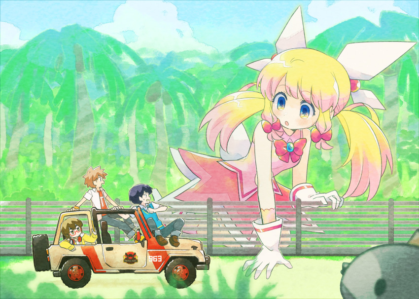 1girl 3boys azuchimomoyama_kurumi black_hair blonde_hair blue_eyes bow brown_hair car fence giant giantess glasses gloves hair_bow jeep_wrangler jurassic_park motor_vehicle multicolored_hair multiple_boys palm_tree parody pink_hair pink_skirt prima_pink satou_shigeru seizei_ganbare!_mahou_shoujo_kurumi skirt spare_tire sports_utility_vehicle suzuki_kiyoshi sweater_vest takashi_isamu tree tsunoji twintails two-tone_hair unused_tire white_gloves