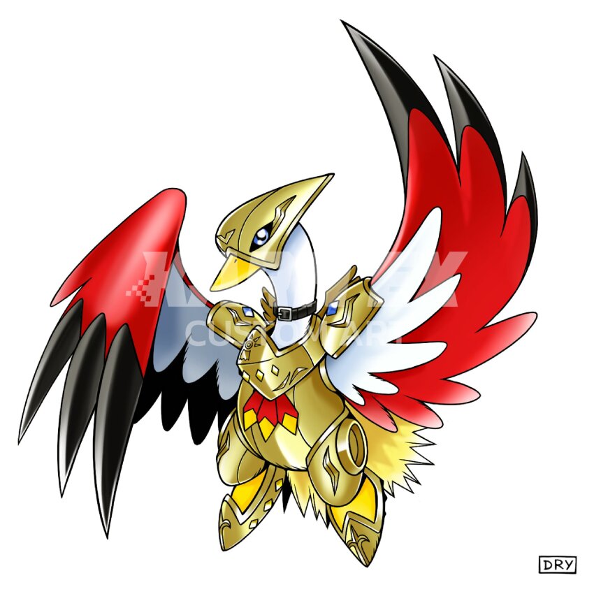 armor beak bird black_feathers blue_eyes digimental_of_hope digimon digimon_(creature) dry_designs feathers hawkmon highres oridigi red_feathers swan white_feathers wings