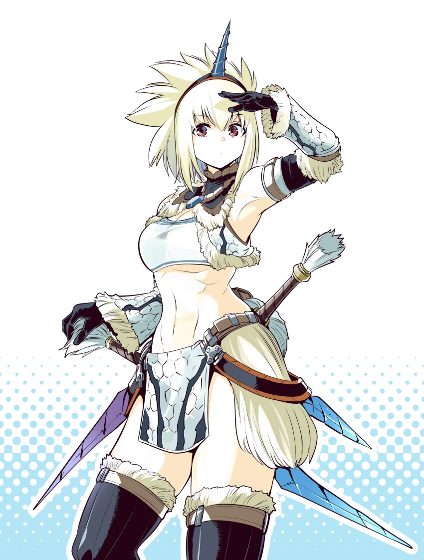 1girl absurdres arm_up bandeau blonde_hair boots breasts brown_eyes detached_sleeves gloves highres horns kato_takuji kirin_(armor) looking_at_viewer medium_breasts monster_hunter_(character) monster_hunter_(series) navel pelvic_curtain single_horn solo thigh_boots