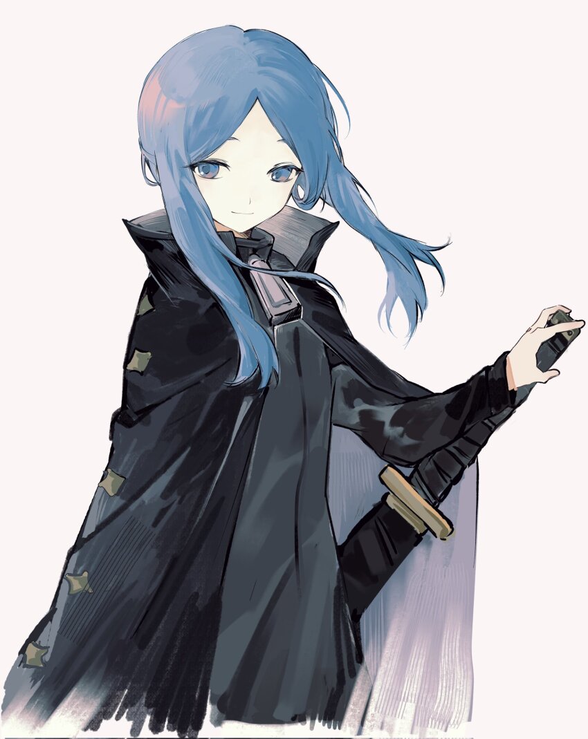 1girl bari_(project_moon) black_cape black_jacket blue_eyes blue_hair cape closed_mouth cowboy_shot erzheawa hand_up highres jacket library_of_ruina looking_at_viewer project_moon smile solo sword weapon