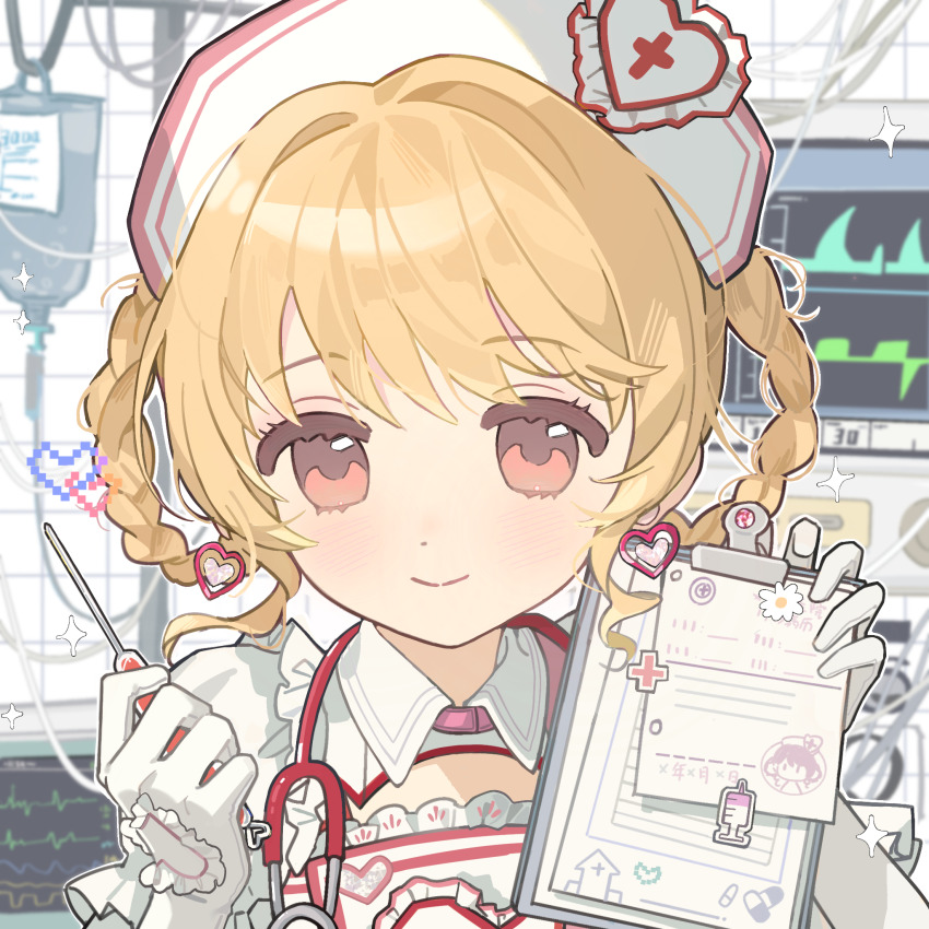 1girl belt belt_collar blonde_hair braid braided_hair_rings brown_eyes cable cardiogram chinese_commentary closed_mouth collar collared_dress commentary_request cross cross_print dot_nose dress earrings eyelashes frilled_dress frilled_gloves frilled_sleeves frills gloves hair_rings happy hat hat_ornament heart heart_earrings heart_hat_ornament heart_print highres holding holding_notepad holding_syringe hospital indoors infinity_nikki intravenous_drip jewelry light_blush looking_at_viewer machinery nikki_(series) notepad nurse nurse_cap paper pink_belt puffy_short_sleeves puffy_sleeves red_cross ringlets short_hair short_sleeves smile solo sparkle stethoscope stethoscope_around_neck suannai_pidong sweet_diagnosis_(infinity_nikki) syringe tareme tile_wall tiles upper_body white_dress white_gloves white_hat
