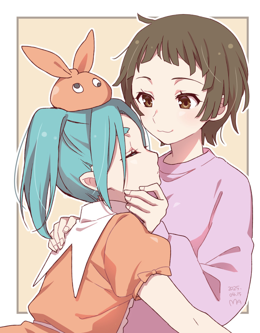 2girls absurdres aqua_hair brown_eyes brown_hair choppy_bangs closed_eyes closed_mouth fingernails googly_eyes highres long_sleeves manimani_(mani_ma) monogatari_(series) multiple_girls nademonogatari ononoki_yotsugi sengoku_nadeko short_hair short_sleeves smile yuri