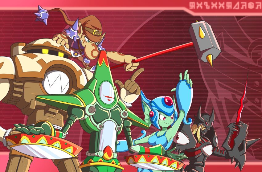 absurdres arbormon digimon digimon_(creature) digimon_frontier duskmon fins frog_girl grottemon helmet highres mercuremon monster_girl ranamon susanoomon