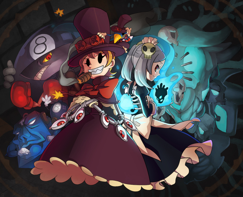 2girls 5boys andy_anvil apron avery_(skullgirls) back-to-back bird bloody_marie_(skullgirls) bomb bow boxing_gloves cigar colored_sclera crossed_arms dress explosive extra_eyes eye_socket fire fire george_the_bomb gloves grey_hair grin hair_ornament hat k_(yy4919) lenny_the_bomb looking_at_viewer looking_back maid maid_apron maid_headdress mechanical_arms multiple_boys multiple_girls orange_hair peacock_(skullgirls) red_eyes ribbon ribs sharp_teeth short_hair skull skull_hair_ornament skull_heart skullgirls smile smoking teeth tommy_ten-tons top_hat twintails white_gloves wings yellow_sclera