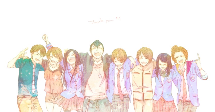 3girls 5boys ^_^ bad_id bad_pixiv_id black_hair blouse bow brown_hair closed_eyes daimonji_shun dog_tags dress_shirt closed_eyes highres jacket jk_(kamen_rider_fourze) joujima_yuuki kamen_rider kamen_rider_fourze_(series) kazashiro_miu kisaragi_gentarou long_hair multiple_boys multiple_girls necktie nozama_tomoko open_mouth sakuta_ryuusei school_uniform shirt short_hair short_shorts shorts skirt smile utahoshi_kengo