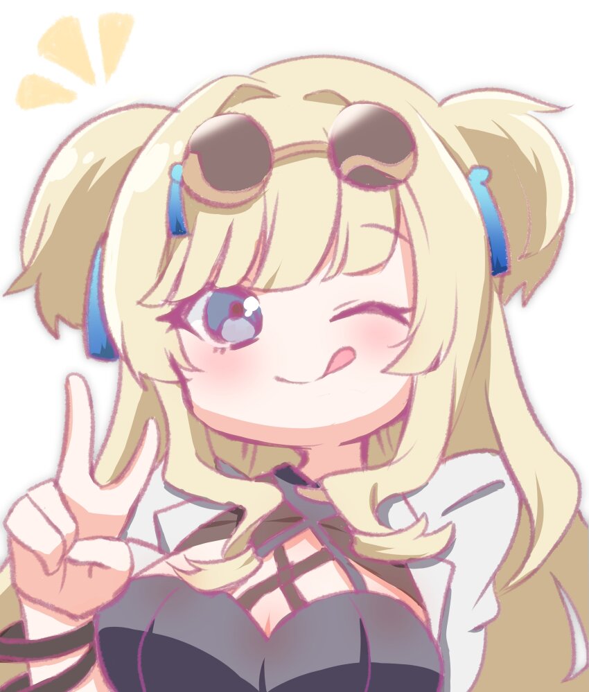 1girl ;p absurdres black_dress blonde_hair blue_eyes blush breasts cleavage commentary_request dress eyewear_on_head hair_ornament highres honkai_(series) honkai_impact_3rd jacket long_hair notice_lines one_eye_closed portrait rimless_eyewear satoyukitowa songque songque_(astralop) sunglasses tassel tassel_hair_ornament tongue tongue_out two_side_up v white_jacket